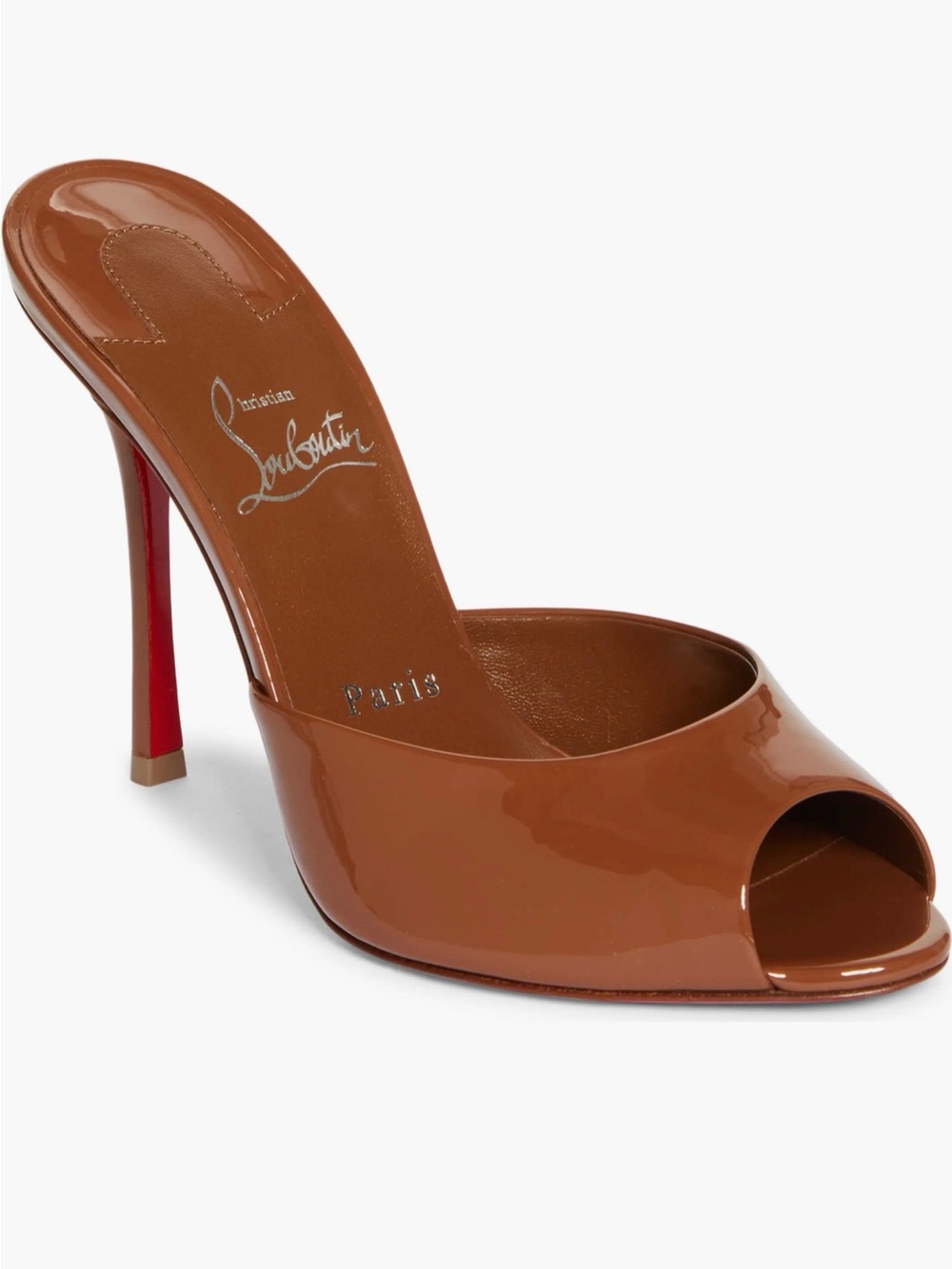 Christian Louboutin Tan Patent Peep-Toe Mule with Red Heel